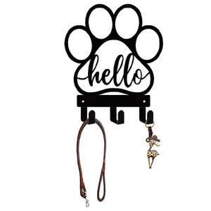 Black Metal Wall Mount with "Hello" Dog Paw Shape Leash Hook Holder