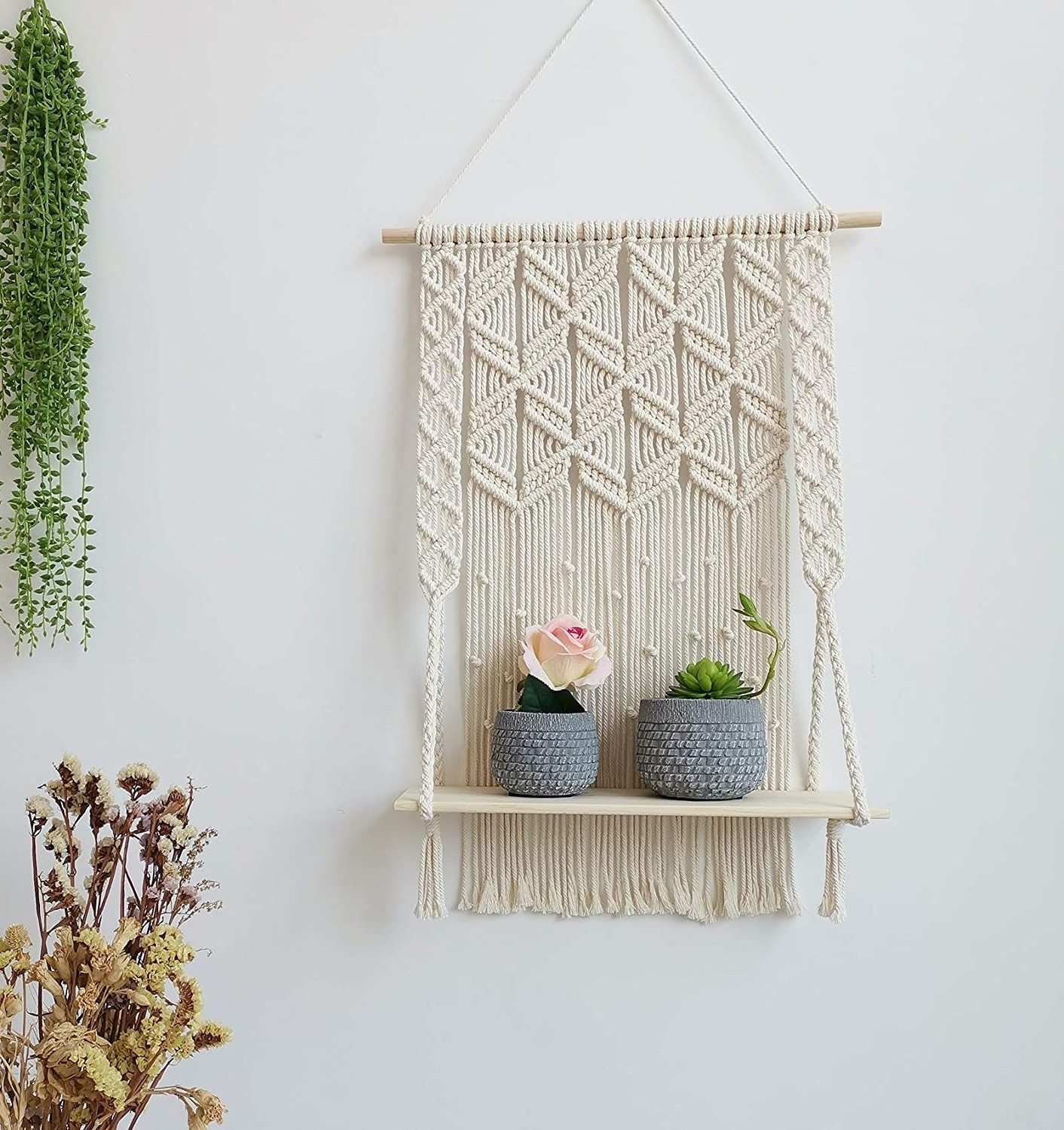 Boho Home Wall Decoration Handmade Cotton Rope Bohemian Macrame Cord Wood Woven Hanging Plant Hangers Shelf