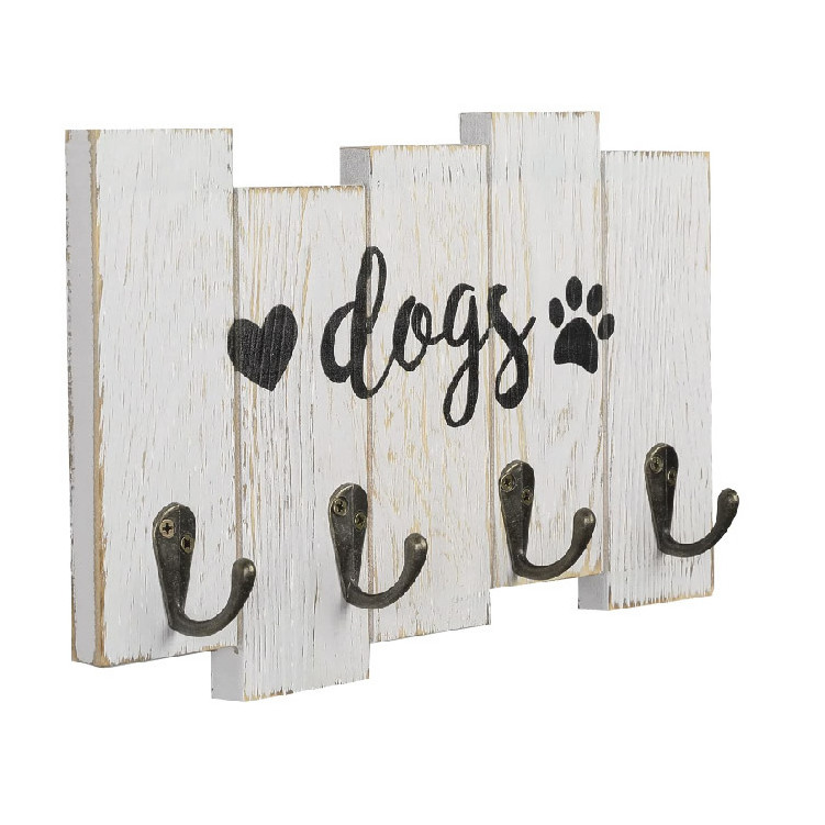 Rustic Whitewashed Wooden Wall-Mounted Dog Leash Holder Key Hanging Holder Rack Storage for Keys and Leashes