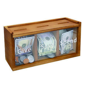 Decorative Wooden Piggy Banks Spend Save Give Kids Money Box Coin Cash Savings Bank