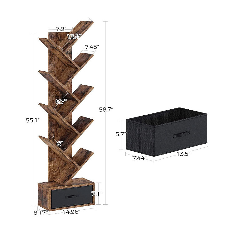 Bookshelf with Drawer, 9-Tier Tree Bookshelf, Wooden Bookshelves Storage Rack