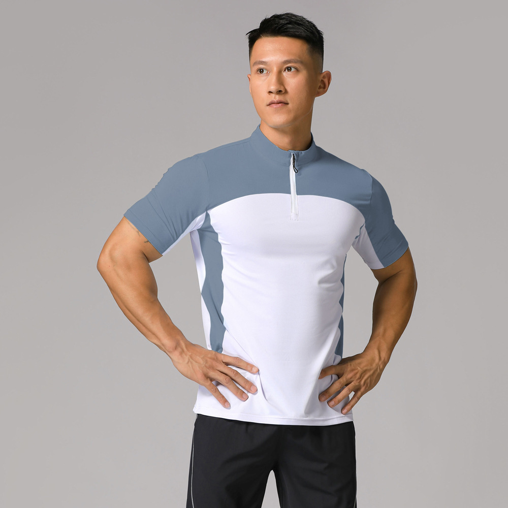 Running Mens Polo Shirts Stand Collar Half Zipper Solid Color T Shirt Fitness Training Elastic Quick Dry Clothes For Men T-Shirt