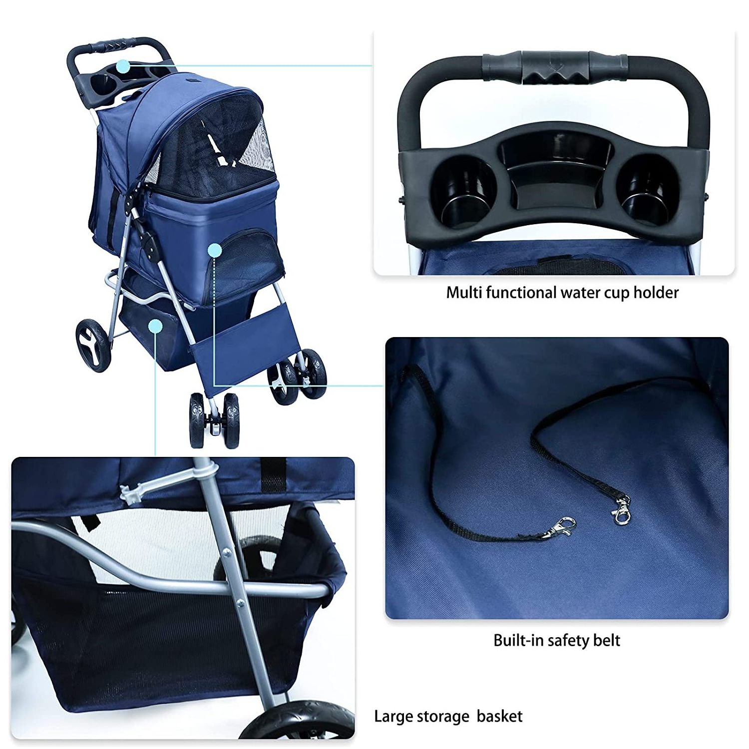 Outdoor Luxury Foldable Portable Pet Carrier 4 Wheels Trolley Travel Carriage Cat Dog Pet Stroller