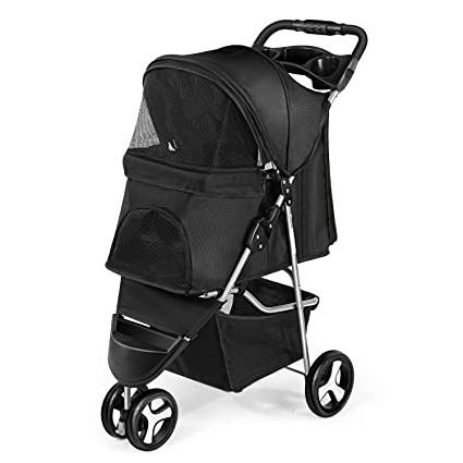 3 Wheel Foldable Cat Dog Stroller with Storage Basket and Cup Holder for Small and Medium Cats Dogs Puppy