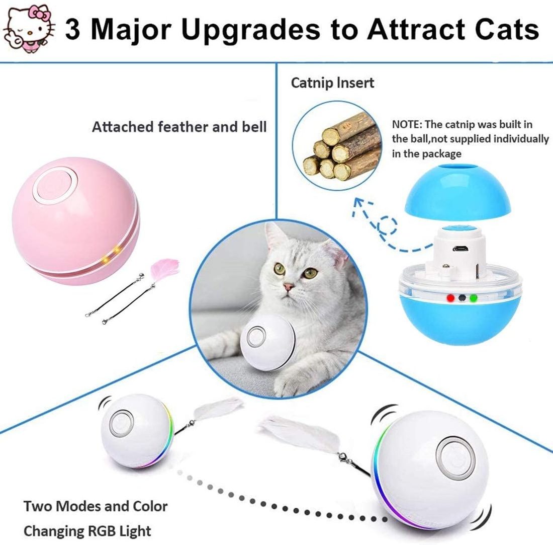 Automatic Smart  Self Rotating Cat Toy  Colorful LED Cat Exercise Ball with Feather Bell and Catnip USB Rechargeable Kitten Toy