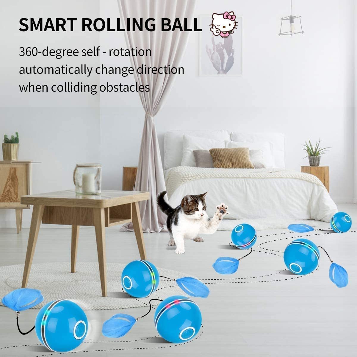 Automatic Smart  Self Rotating Cat Toy  Colorful LED Cat Exercise Ball with Feather Bell and Catnip USB Rechargeable Kitten Toy