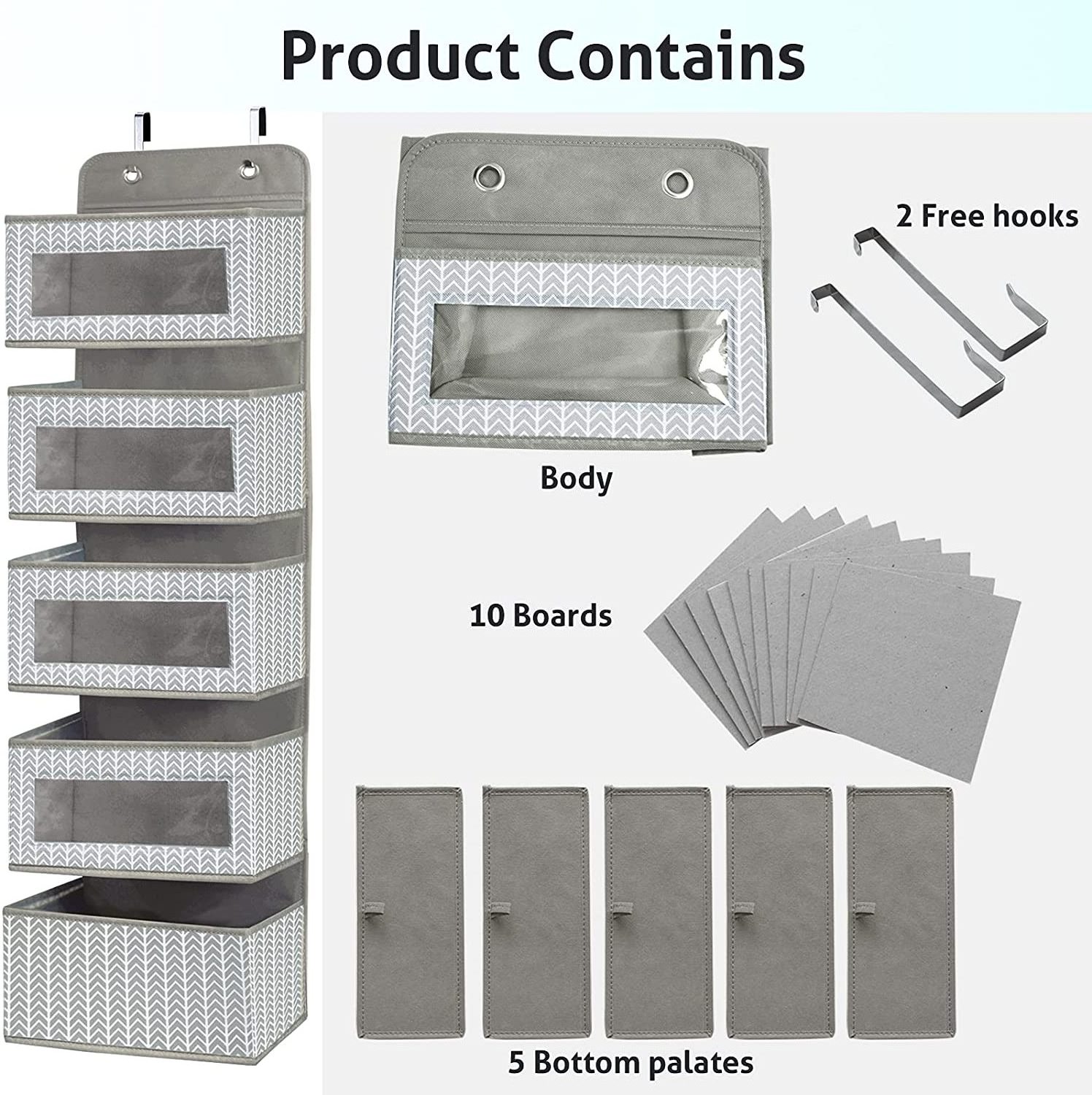 Hanging Organizer Over Door Wall Mount with Clear Window, 5 Large Pockets and 2 Big Metal Hooks for Closet