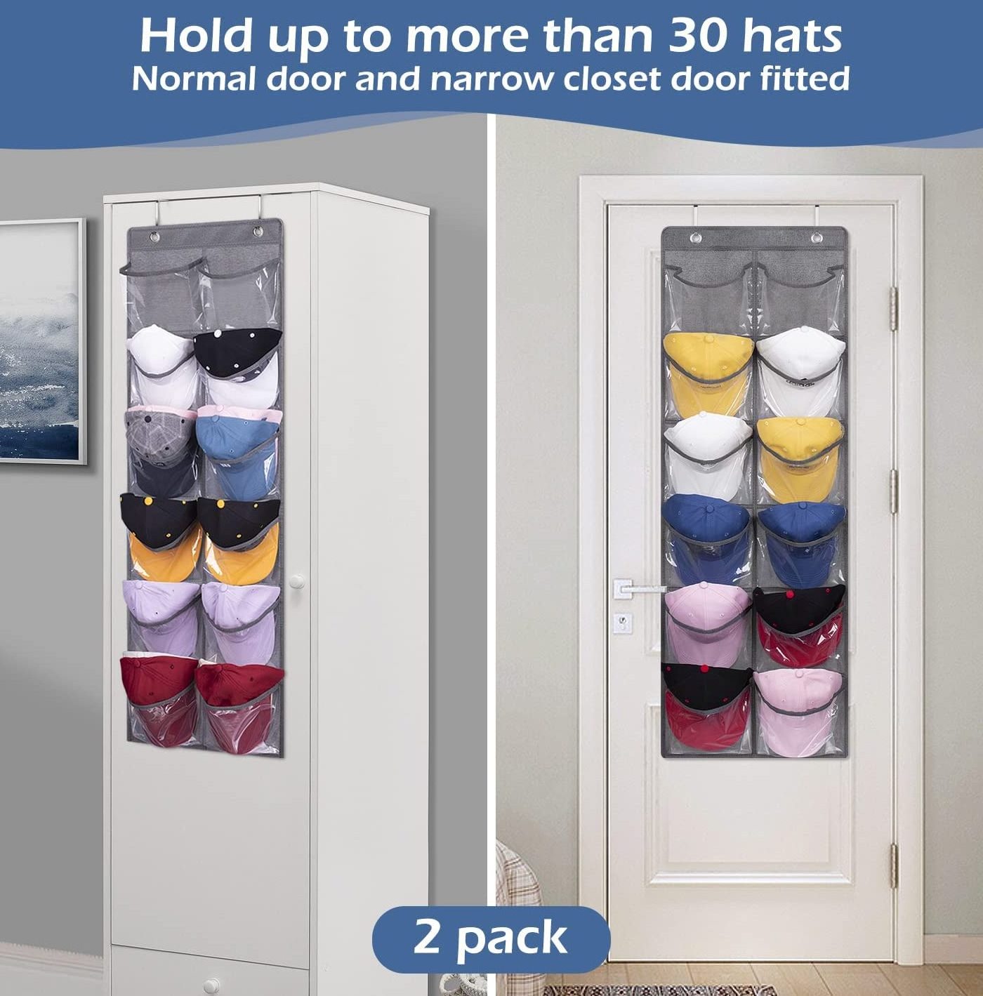 2PCS 24 Large Clear Deep Pockets Baseball Hat Racks Organizer Over The Narrow or Normal Door