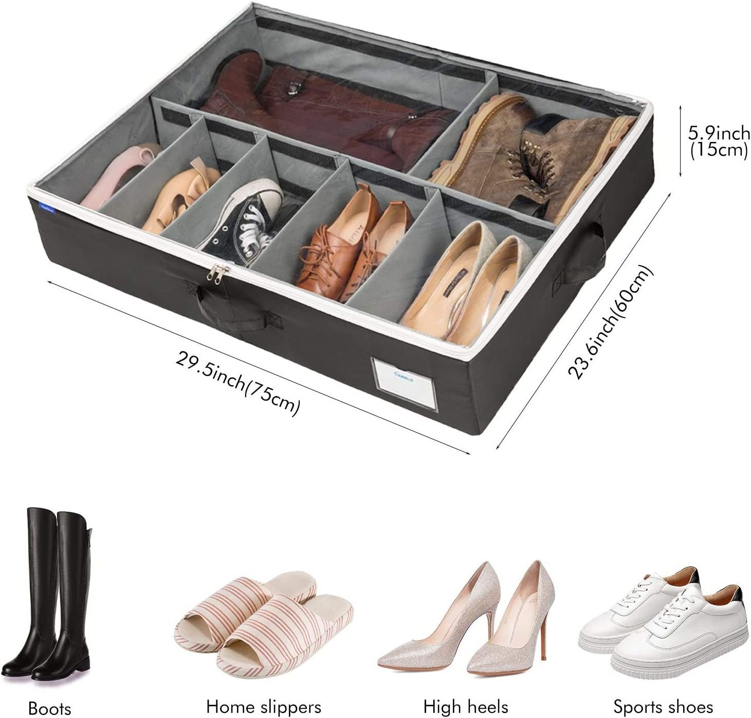 Under Bed Closet Shoe Storage Organizer with Clear Cover, Adjustable Dividers and Handle, Made of Oxford