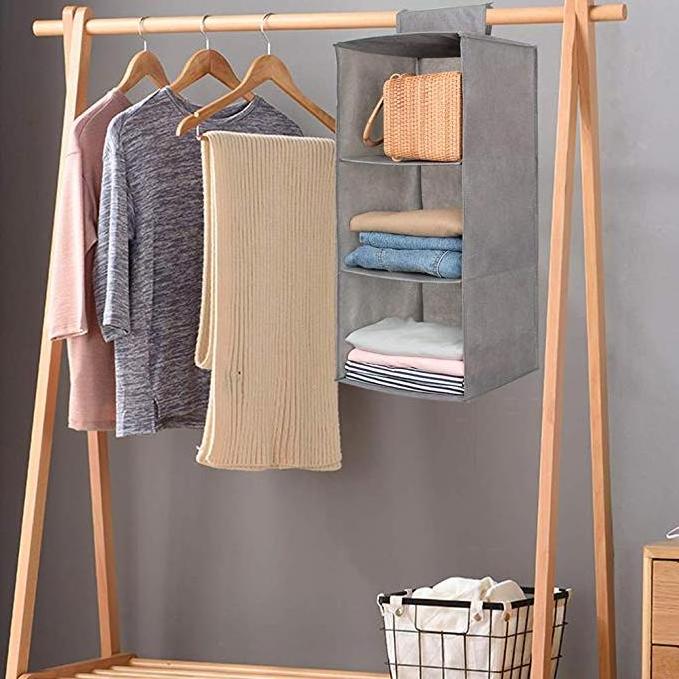 Collapsible 3 Shelf Hanging Closet Organizer, Storage Wardrobe Organizer for Clothes, Sweaters Shoes SOCK