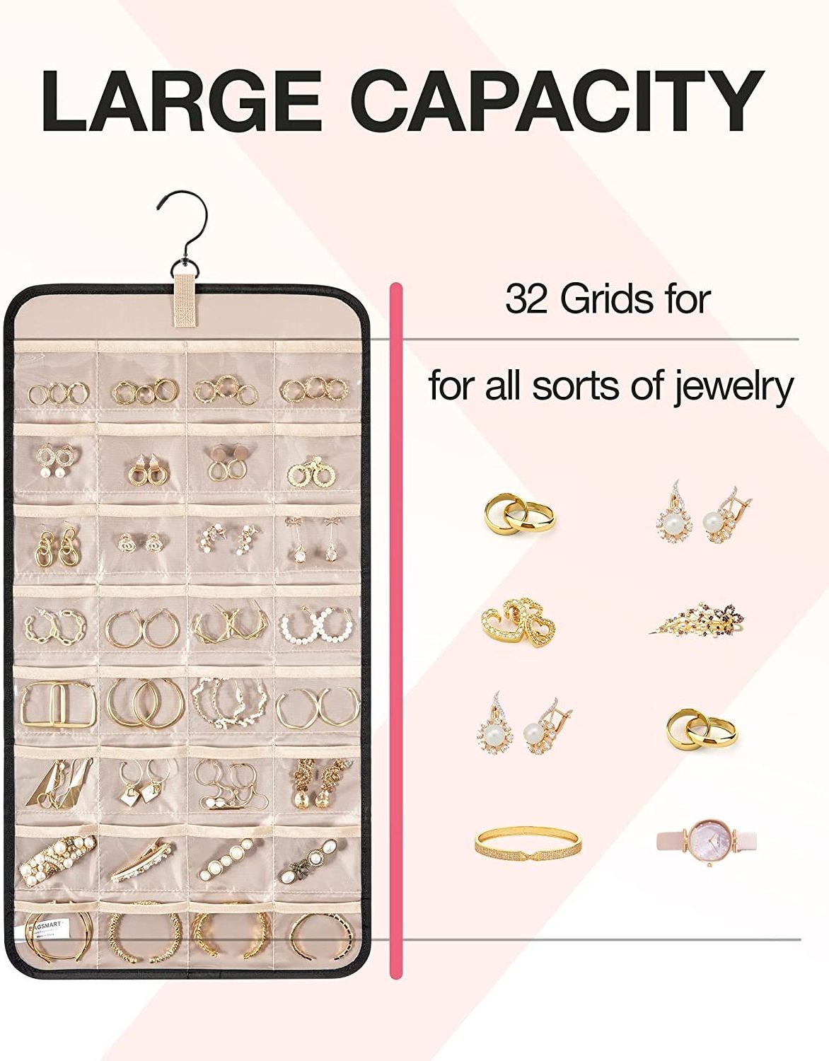 Anti-tangle Hanging Jewelry Organizer Hanger for Necklace Earrings Rings with 20 Jewelry Bags