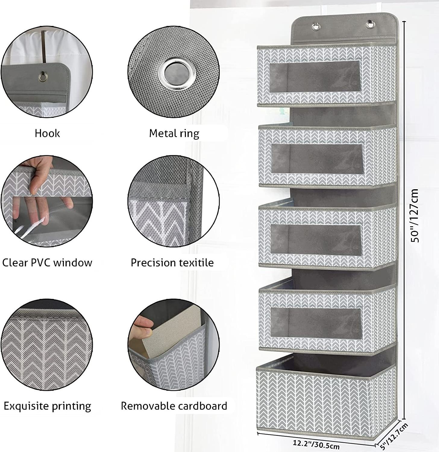 Hanging Organizer Over Door Wall Mount with Clear Window, 5 Large Pockets and 2 Big Metal Hooks for Closet