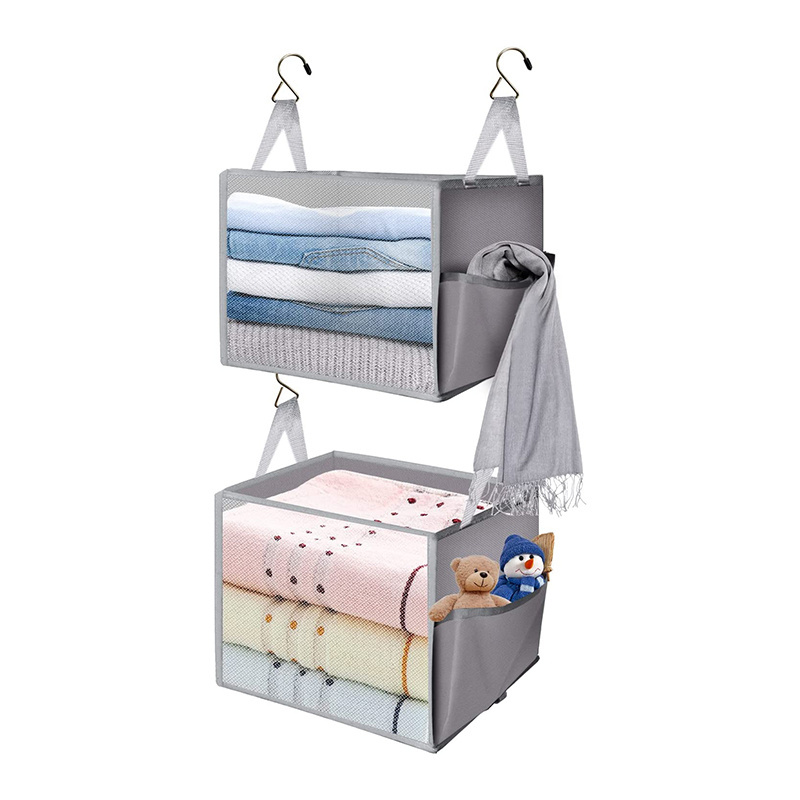 Foldable Hanging Closet Organizer Basket with Sturdy Hooks and Extra Side Pocket for Wardrobe, Bedroom, Bathroom