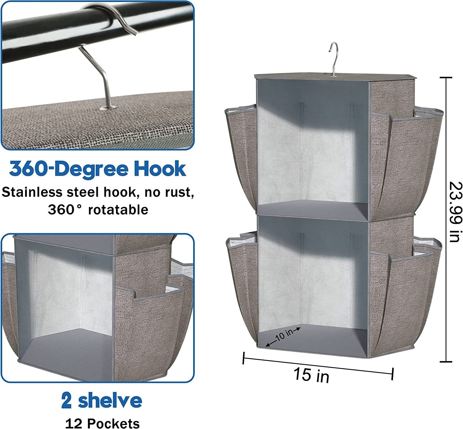 2-Tier Rotating Hanging Shelf Closet Organizer and Storage with 12 Pockets for Small Space Shoe Clothes