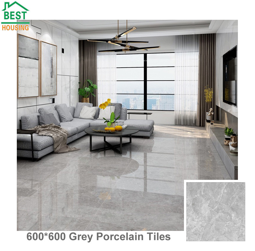 Grey Polished Surface Stone Texture Design Floor Tiles 60x60 Interior Living Room Decorative Porcelain Tiles