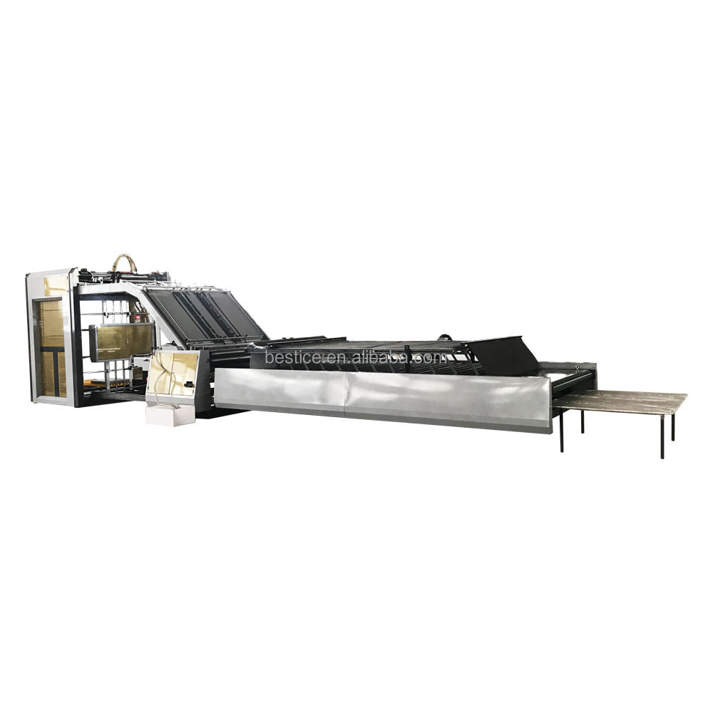 Low cost BZJ-1450 automatic corrugating cardboard flute laminating machine with float press bed for colorful carton box