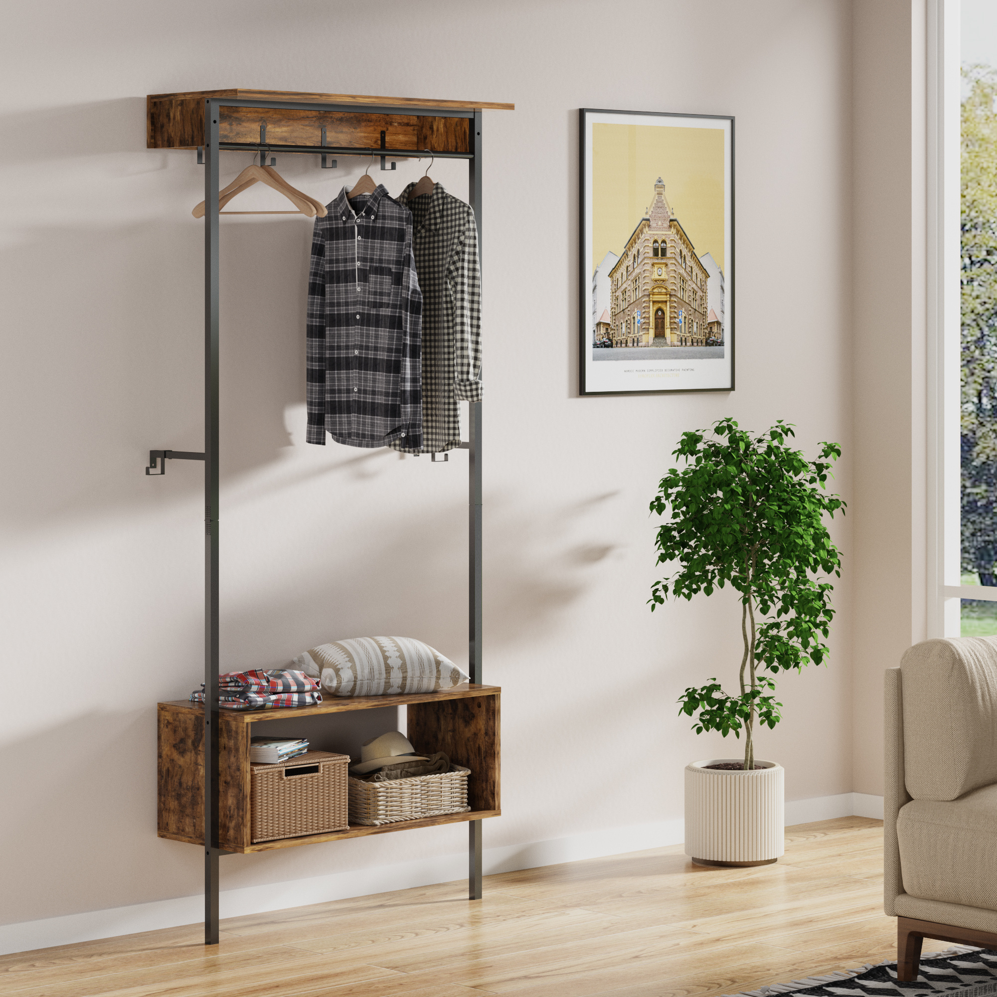 BESTIER Hall Tree with Shoe Bench for Entryway Coat Rack Storage Shelf Stand with Hooks Wood Look 3-in-1 Design for Entrance