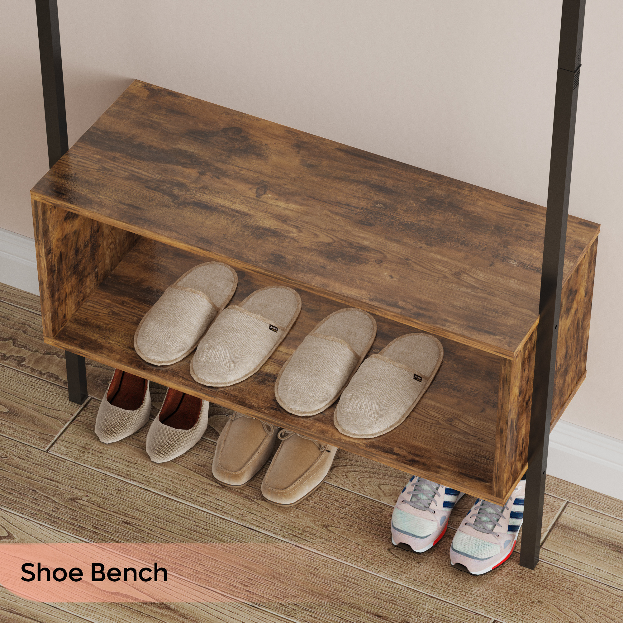 BESTIER Hall Tree with Shoe Bench for Entryway Coat Rack Storage Shelf Stand with Hooks Wood Look 3-in-1 Design for Entrance