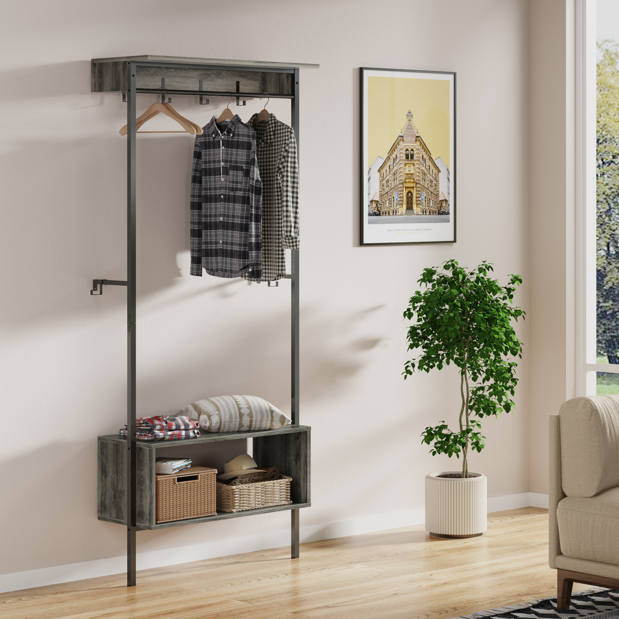 BESTIER Multifunctional 3-in-1 Coat Racks Shoe Bench Hall Tree with Storage Shelf for Entryway