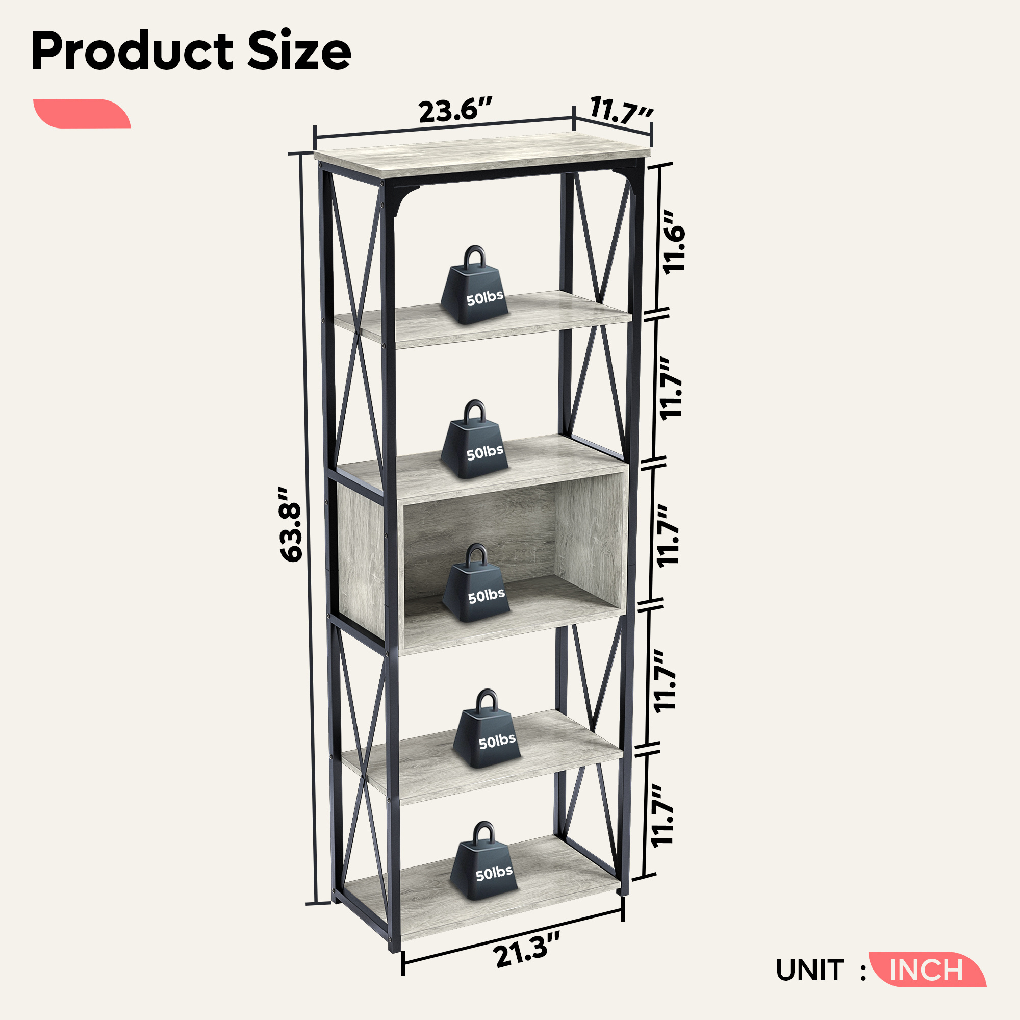 BESTIER 5 Tier Tall Bookcase Wood Storage Rack with Open Shelves Standing Shelving Unit for Bedroom Living Room and Home Office