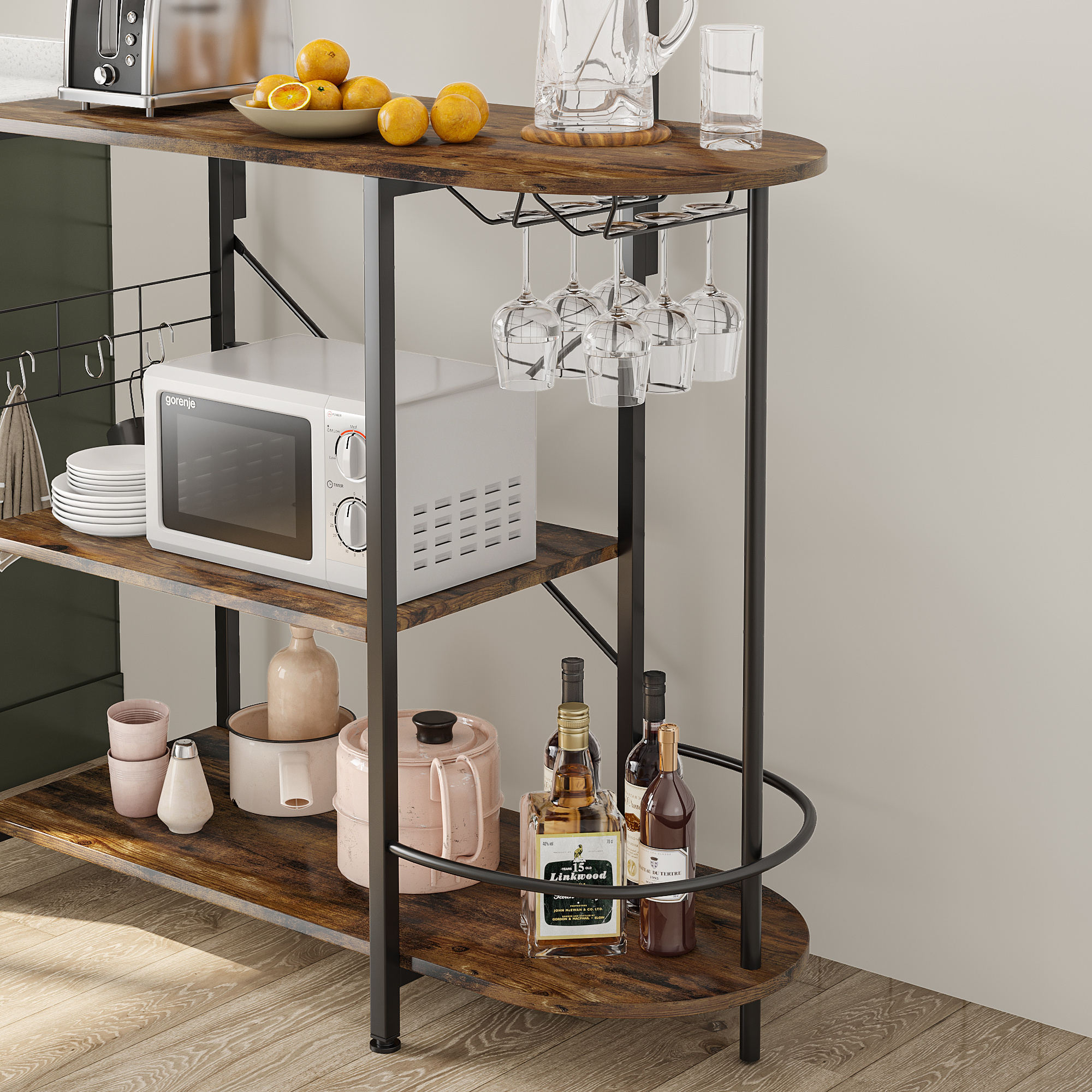 BESTIER Industrial kitchen rack with cabinets and hooks, microwave oven stand, 4 tier kitchen storage furniture