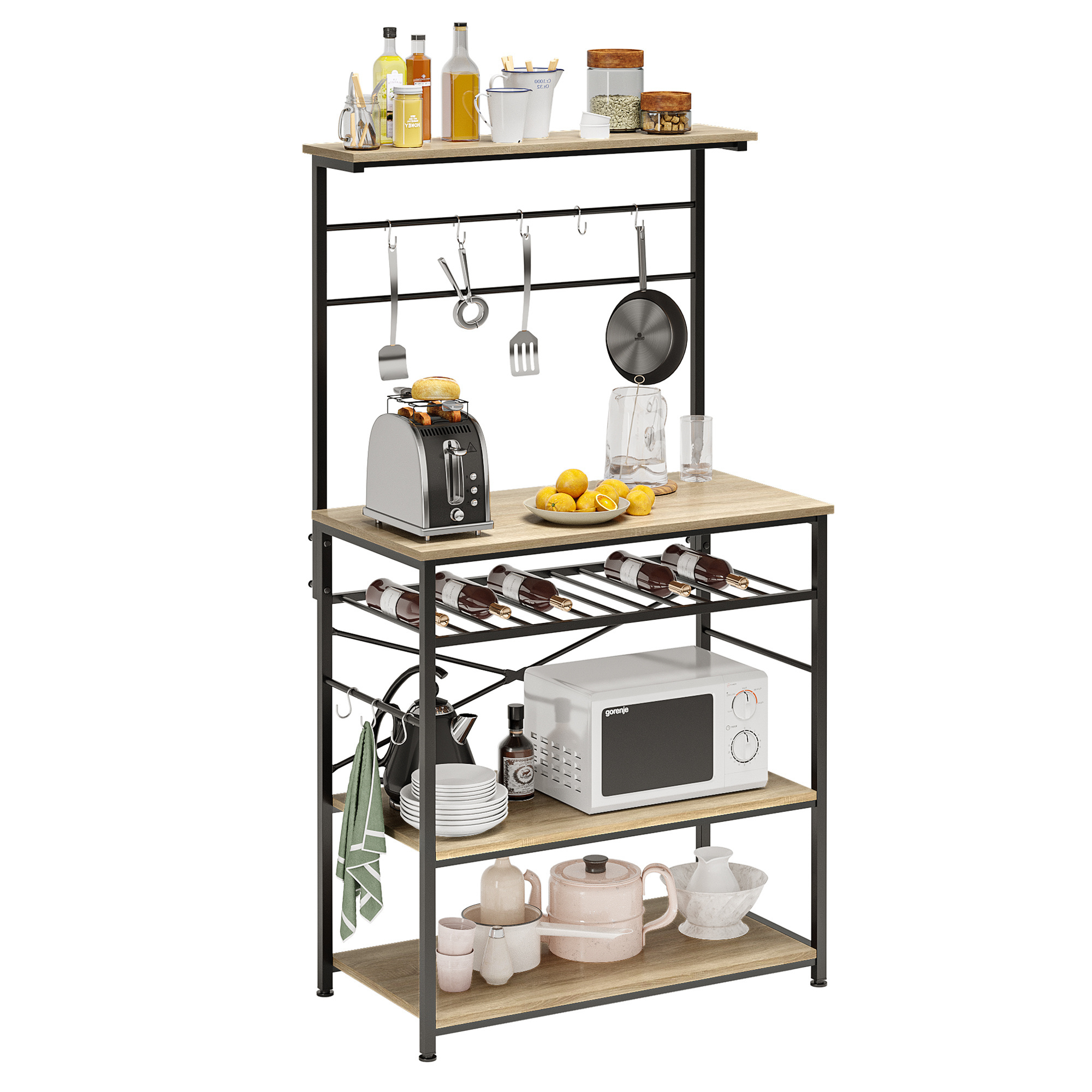 BESTIER Kitchen Baker's Rack Utility Storage Shelf with Wine Rack 5 Tier Shelves Microwave Oven Stand with Hutch and Free Hooks