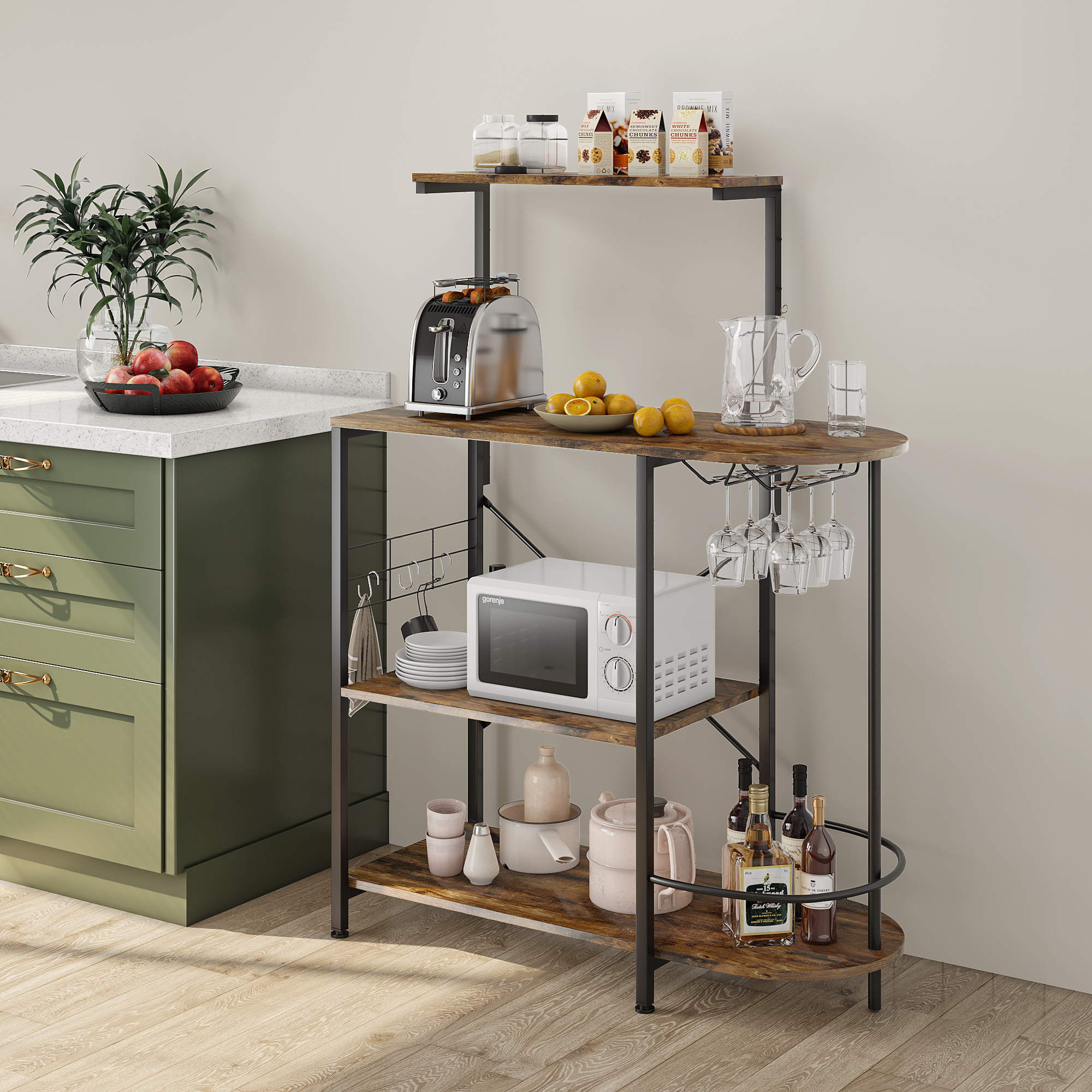 BESTIER Industrial kitchen rack with cabinets and hooks, microwave oven stand, 4 tier kitchen storage furniture