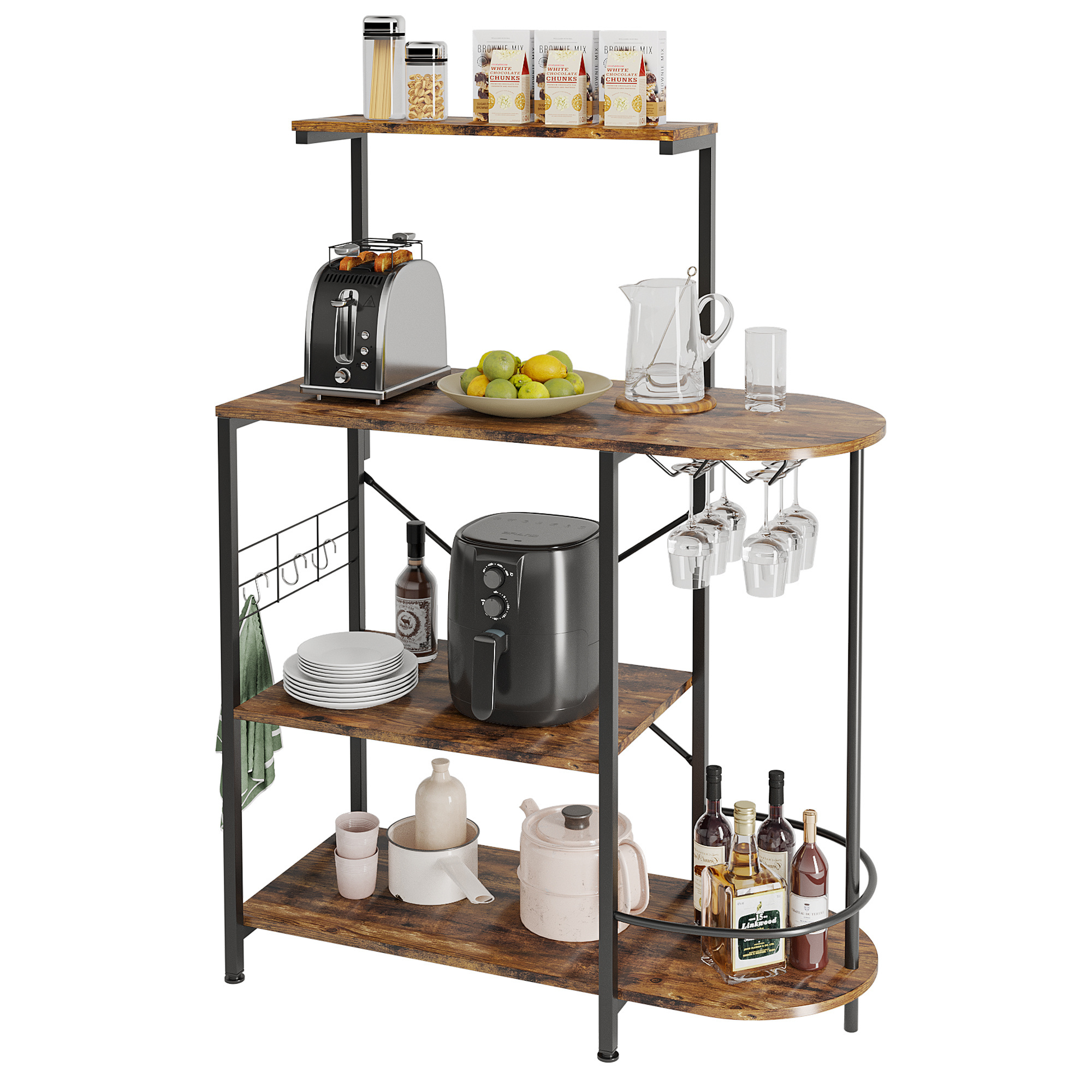 BESTIER Industrial kitchen rack with cabinets and hooks, microwave oven stand, 4 tier kitchen storage furniture