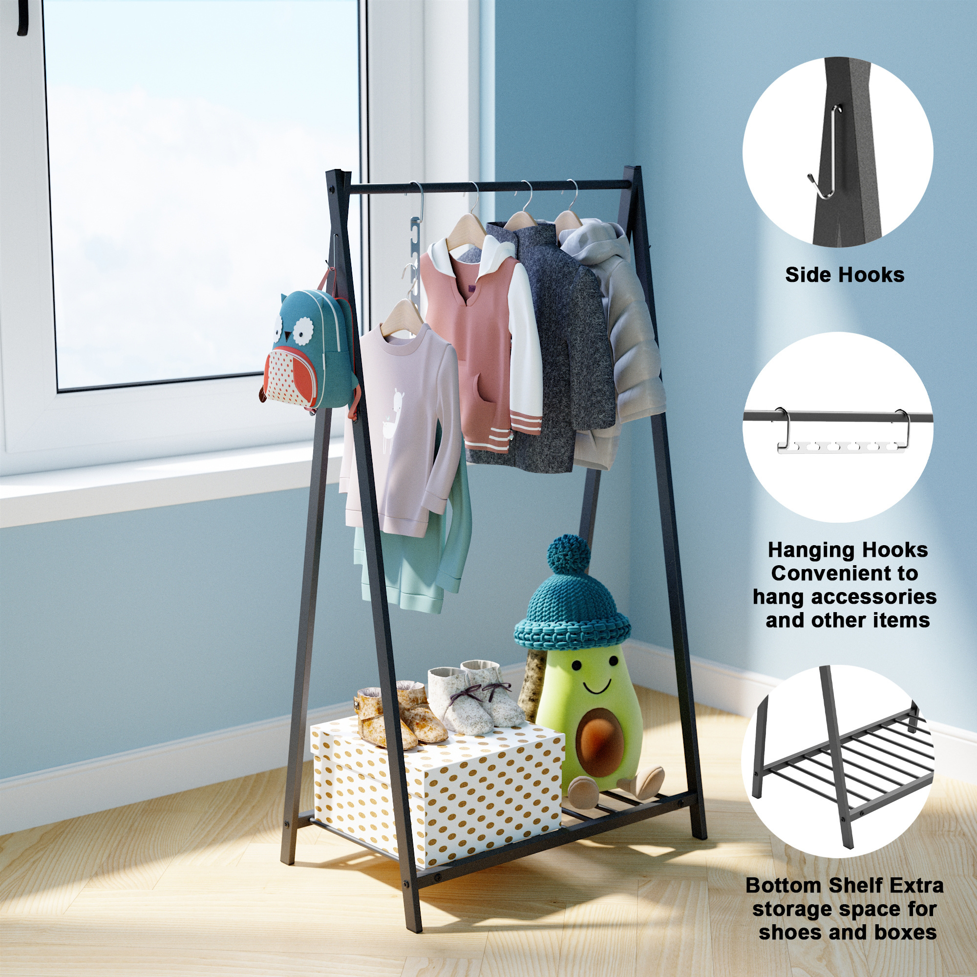 Simple Clothes Rack Hanger Kids Garment Rack with Storage Shelf Steel Costumes Clothes Hanging Rack For Laundry Drying Clothes