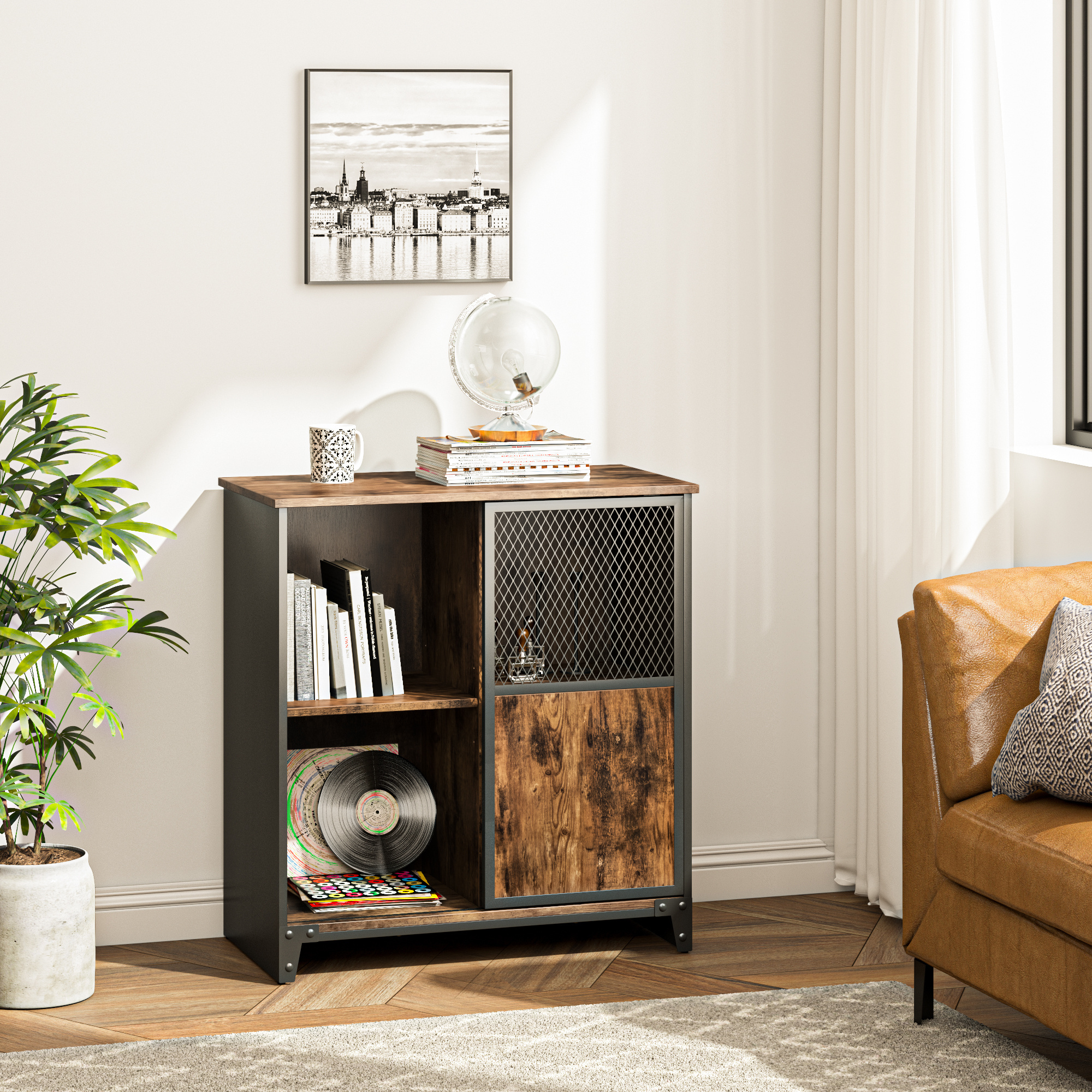 BESTIER Mini Home Bar Cabinet Sliding Barn Door Liquor Cabinet Credenza,vietti Wine Buffet Modern Sideboard Console Storage