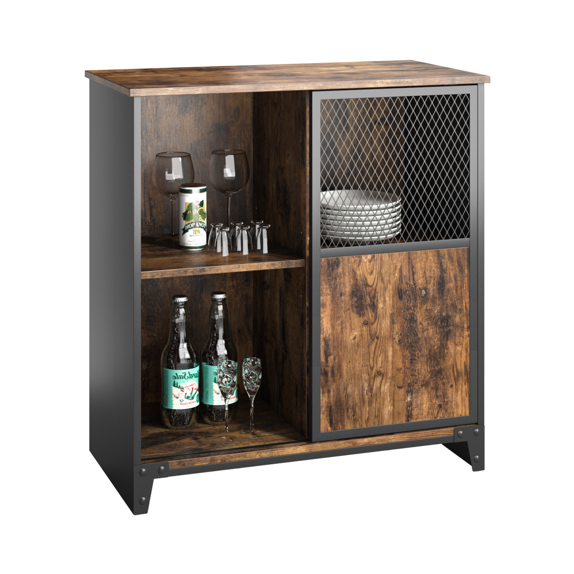 BESTIER Mini Home Bar Cabinet Sliding Barn Door Liquor Cabinet Credenza,vietti Wine Buffet Modern Sideboard Console Storage