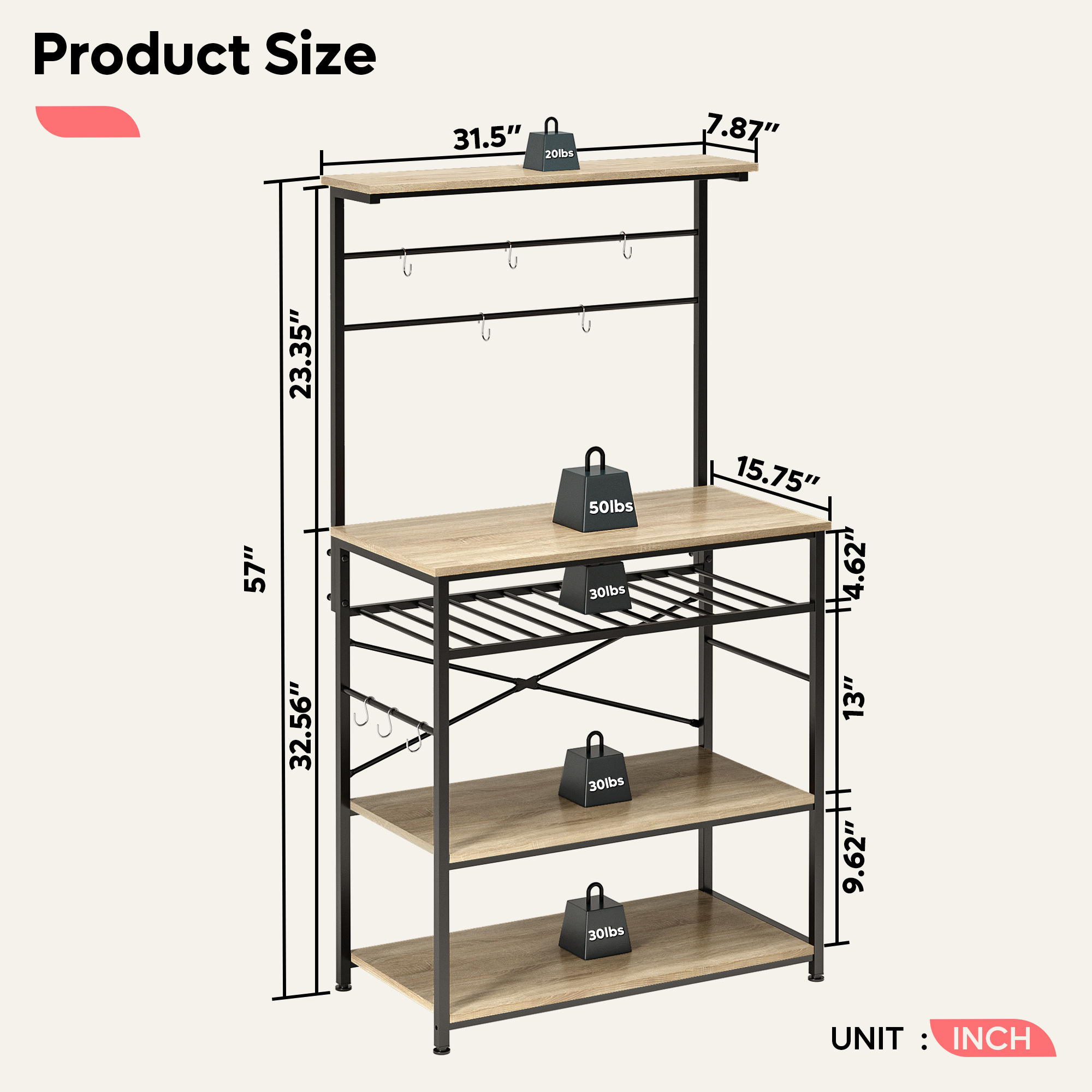 BESTIER Kitchen Baker's Rack Utility Storage Shelf with Wine Rack 5 Tier Shelves Microwave Oven Stand with Hutch and Free Hooks