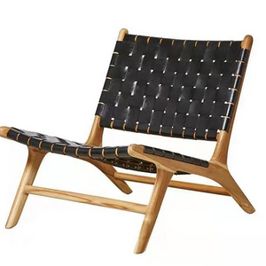 Hot Sale Living Room Saddle Leather Rattan Relax Chair OAK Wood Frame Leather Vintage Lounge Chair