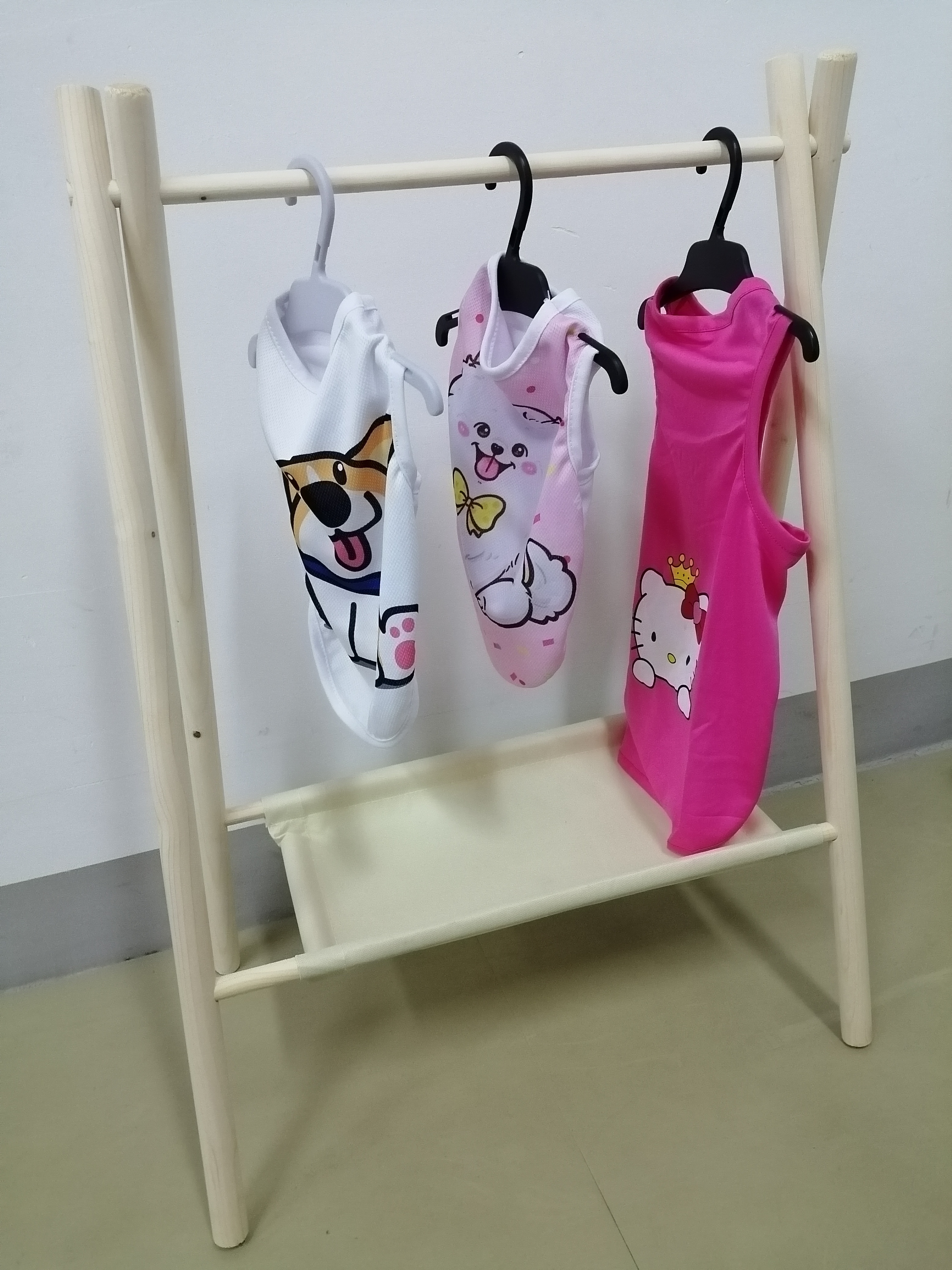 Solid Double Organizer Hanging Standing Wood Shelf Pet Clothes Rack for dog