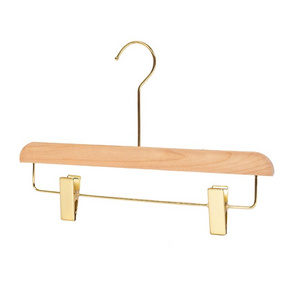 Good quality excellent luxury bottom pants hanger clothes wood hanger with gold clips long metal hook