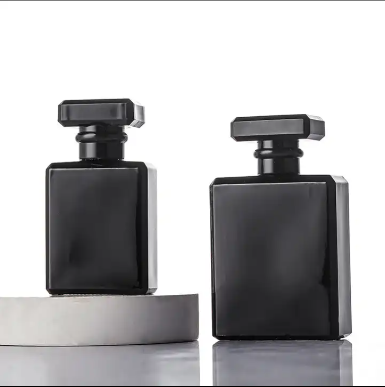 Stock matte black square glass perfume bottle