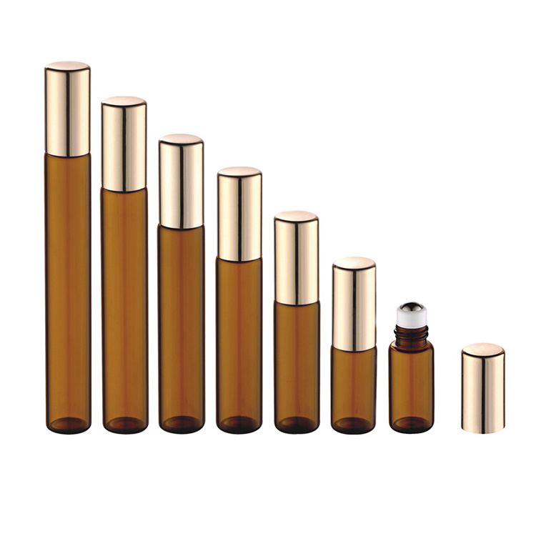 2019 Hotsale 10ml Slim Roll On Glass Perfume Bottle 3ml 5ml 7ml 8ml 10ml 12ml Amber Glass Roller Bottle With Gold Aluminum Cap