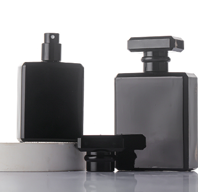 Stock matte black square glass perfume bottle