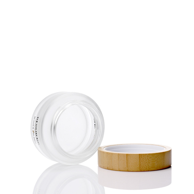 Hot sale luxury 5g 15g 30g 50g 100g 2oz 4oz bamboo cosmetic packaging frosted cream glass jars with bamboo lid