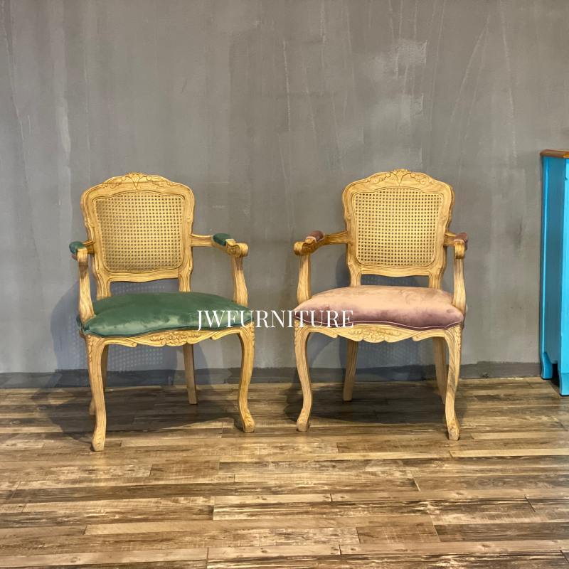 Wholesale French Country Furniture Antique Rattan Wooden Dining Room Rustic Oak Solid Wood Carved Arm chairs