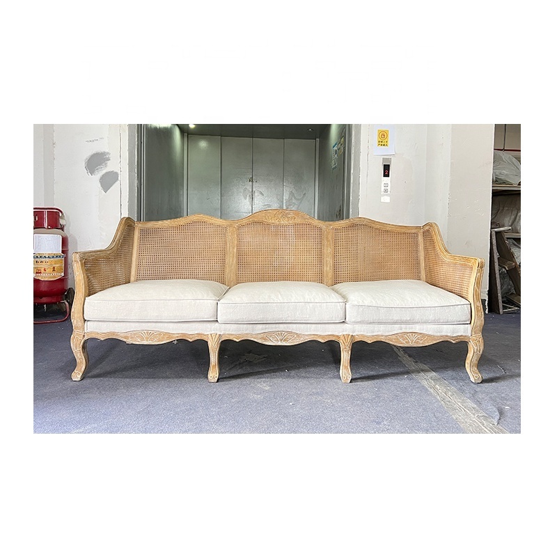 Top Sell French Style Living Room Furniture 3 Seater Rattan Wooden Classic Outdoor Lounge Sofa For Wedding Furniture