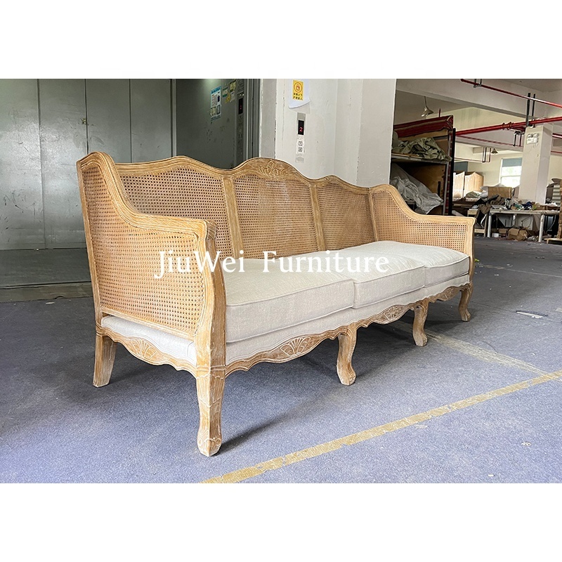 Top Sell French Style Living Room Furniture 3 Seater Rattan Wooden Classic Outdoor Lounge Sofa For Wedding Furniture