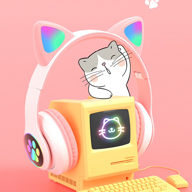 Cute Led Cat Ear Wireless Headphones Foldable Cat Headphones For Music Headset With Microphones