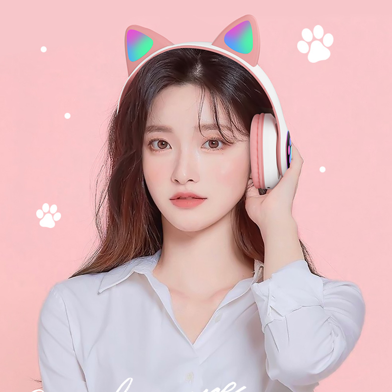 Cute Led Cat Ear Wireless Headphones Foldable Cat Headphones For Music Headset With Microphones