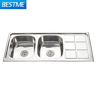 Best Design high quality wholesale custom polished Countertop 201 stainless steel double bowl and Drain board kitchen sink