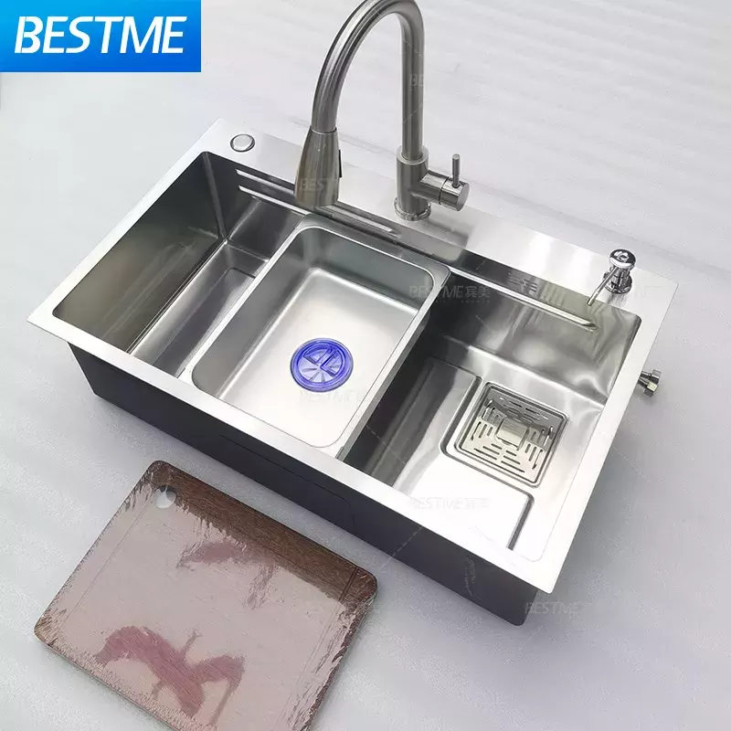 2022 New Hot-selling Double Bowl 304 Stainless Steel Handmade Kitchen Sink with Drain Board Under Mounted Sink