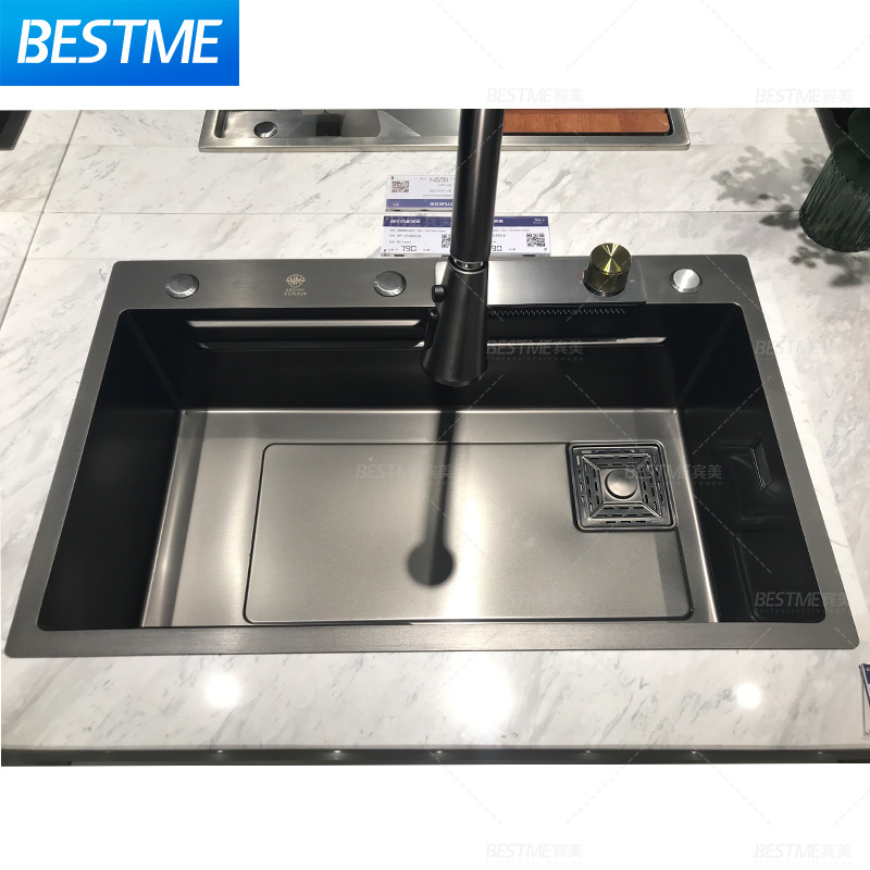 New Trends Stainless Steel Nano Black Kitchen Sink With Pull Down Faucet Undermount Waterfall Faucet Kitchen Sink Basin