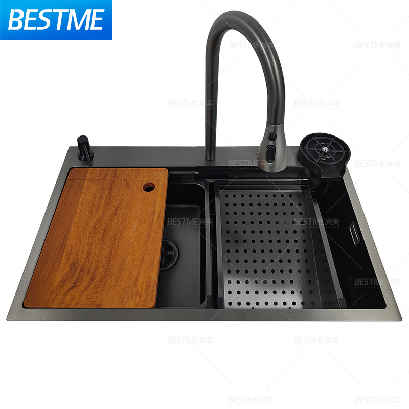 New Trends Stainless Steel Nano Black Kitchen Sink With Pull Down Faucet Undermount Waterfall Faucet Kitchen Sink Basin