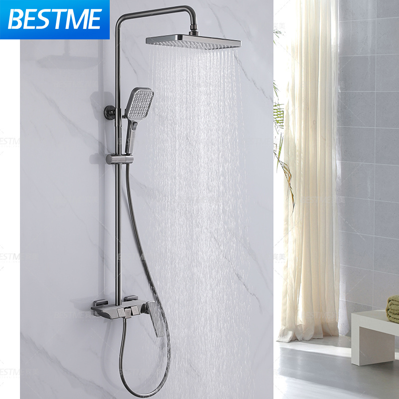 Gun Gray Square Shower Head 3 Modes Hand Shower Brass Piano Key Rainfall Type Shower Faucet Set