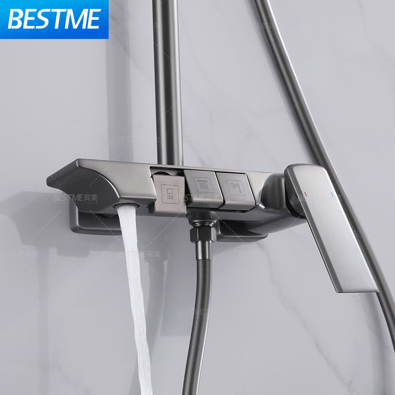 Gun Gray Square Shower Head 3 Modes Hand Shower Brass Piano Key Rainfall Type Shower Faucet Set